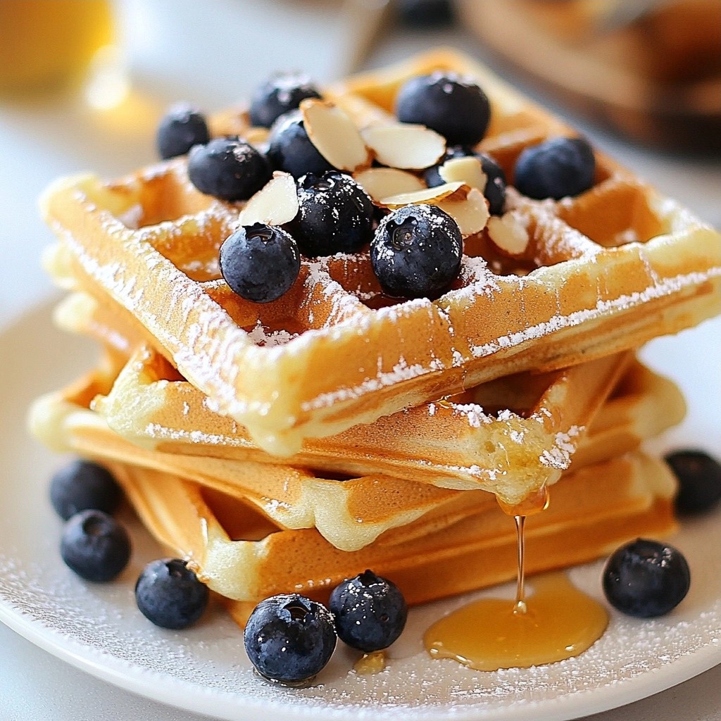 Fluffy Blueberry Almond Waffles with Honey Drizzle Delight